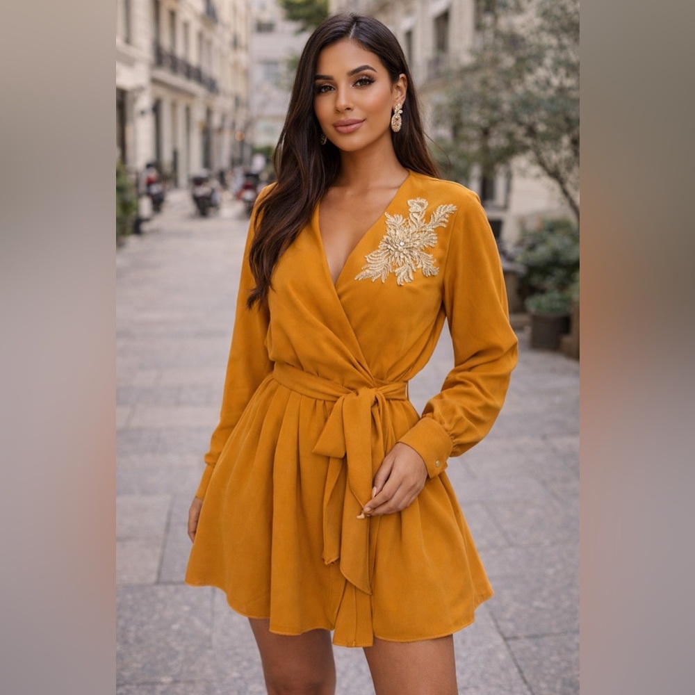Chicwish Mustard Long Sleeve Dress with Floral Detail